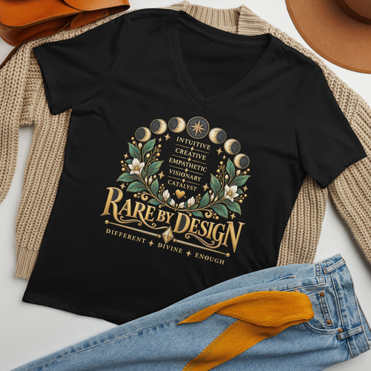 Rare By Design design with the words Intuitive, Creative, Empathic, Visionary, Catalyst, on a solid black blend women's relaxed v-neck t-shirt, front view