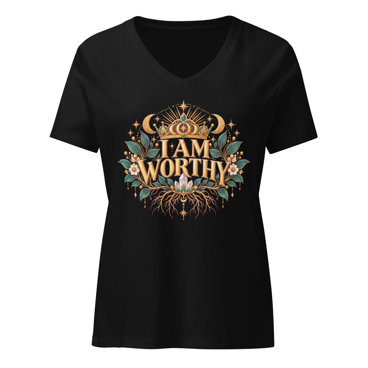 I Am Worthy affirmation design, a crown above the words and roots below, on a solid black blend women's relaxed v-neck t-shirt, front view