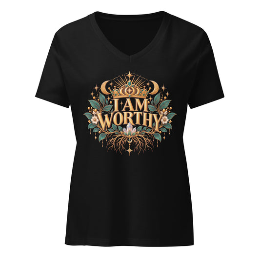 I Am Worthy affirmation design, a crown above the words and roots below, on a solid black blend women's relaxed v-neck t-shirt, front view