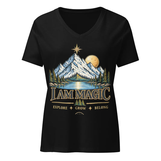 I Am Magic design with mountains and the words Explore, Grow, Belong, on a solid black blend women's relaxed v-neck t-shirt, front view