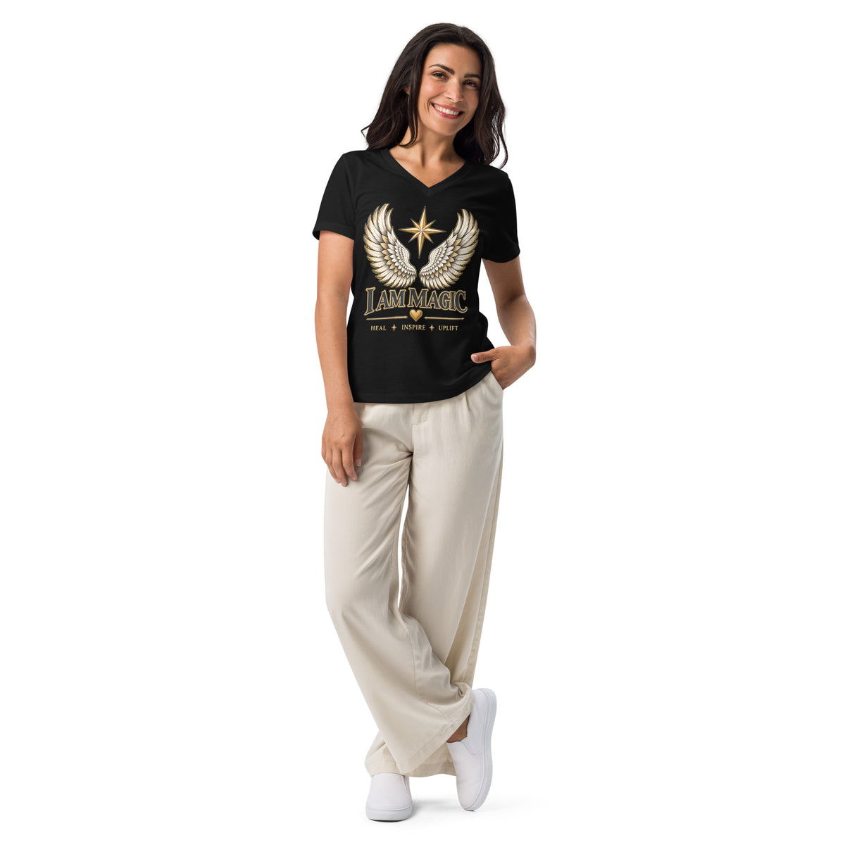 I Am Magic design with angel wings and the words Heal, Inspire, Uplift, on a solid black blend women's relaxed v-neck t-shirt, front view