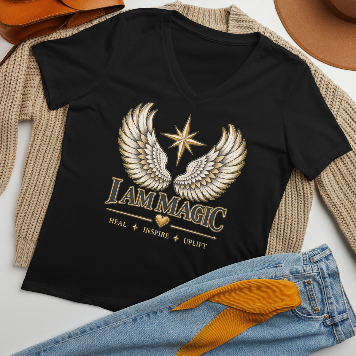 I Am Magic design with angel wings and the words Heal, Inspire, Uplift, on a solid black blend women's relaxed v-neck t-shirt, front view