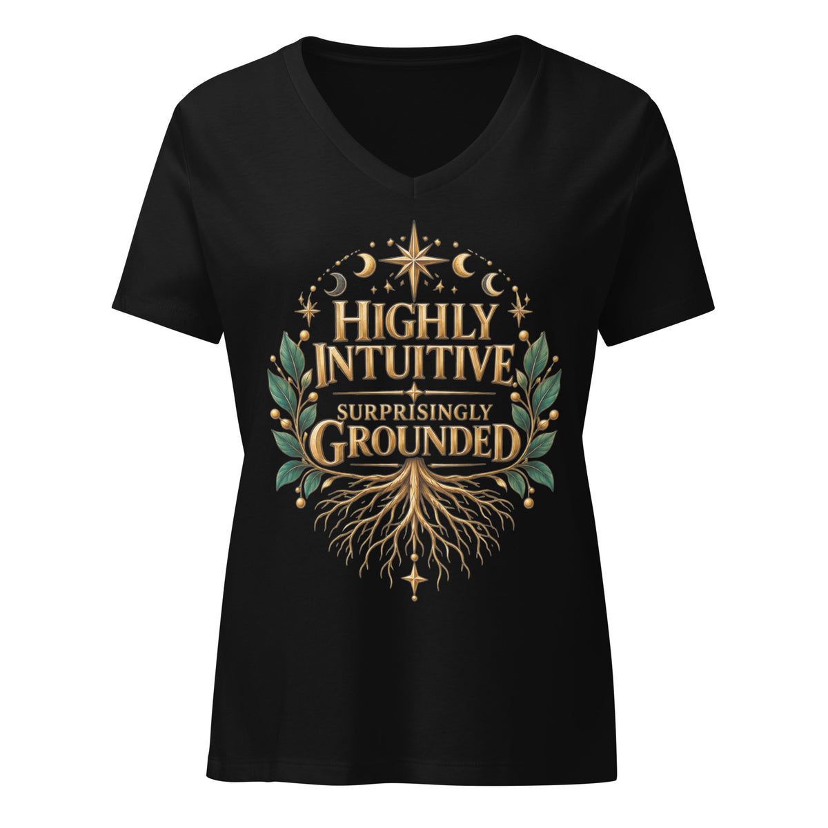 Highly Intuitive, Surprisingly Grounded design, moon phases above and roots below, on a solid black blend women's relaxed v-neck t-shirt, front view