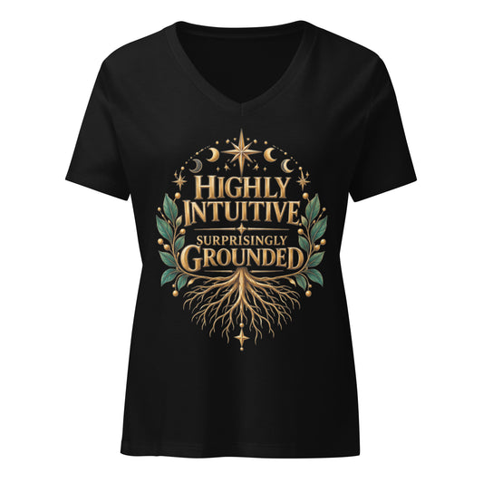 Highly Intuitive, Surprisingly Grounded design, moon phases above and roots below, on a solid black blend women's relaxed v-neck t-shirt, front view