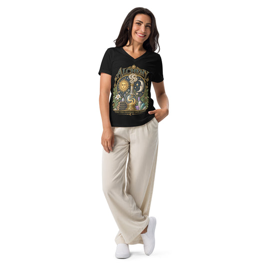 Alchemy, Turn the Ordinary Into Magic design, on a solid black blend women's relaxed v-neck t-shirt, front view