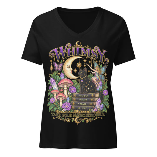 Whimsy, Take Your Magic Seriously design, on a solid black blend women's relaxed v-neck t-shirt, front view