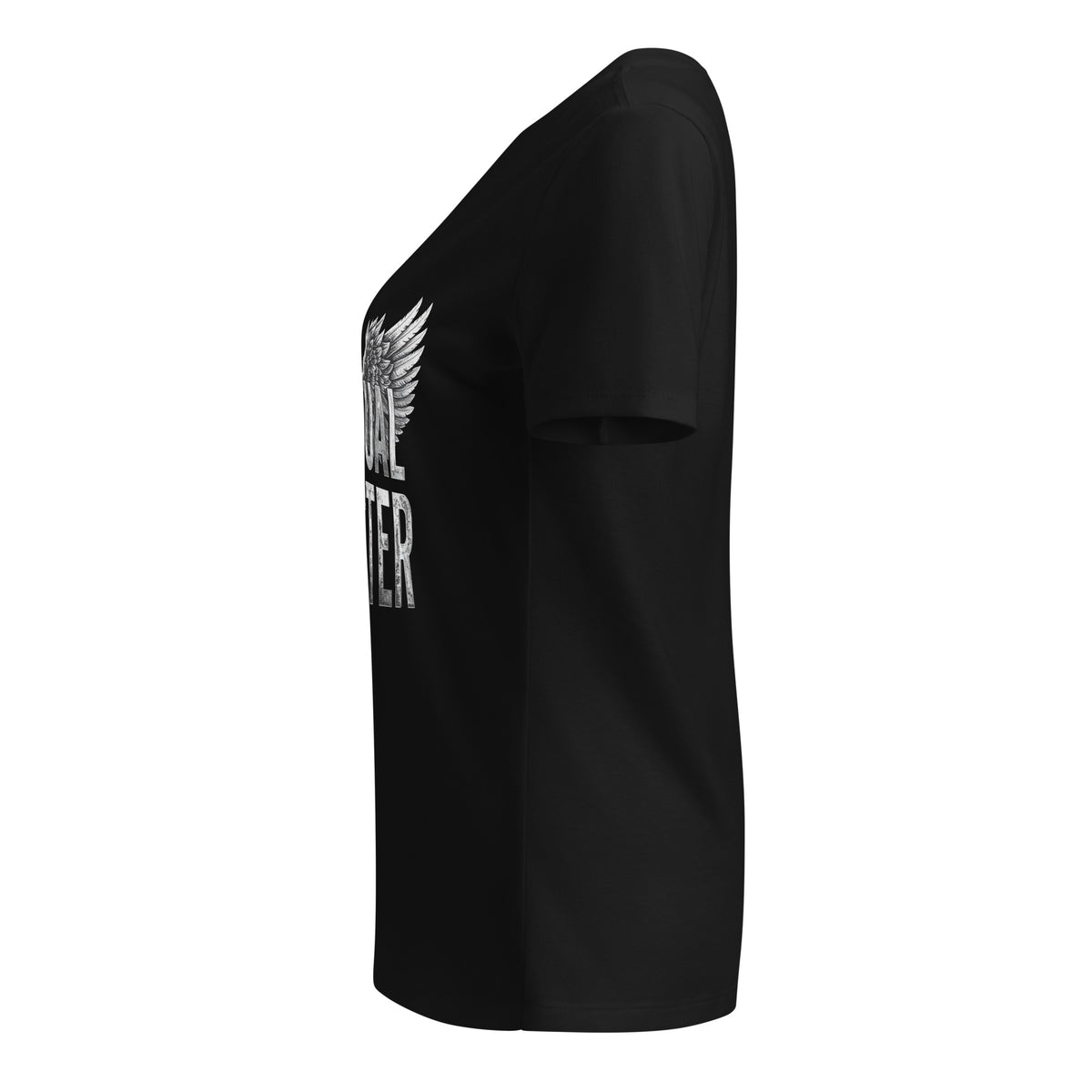 Spiritual Gangster design in white lettering, with angel wings and a halo, on a solid black blend women's relaxed v-neck t-shirt, left side view