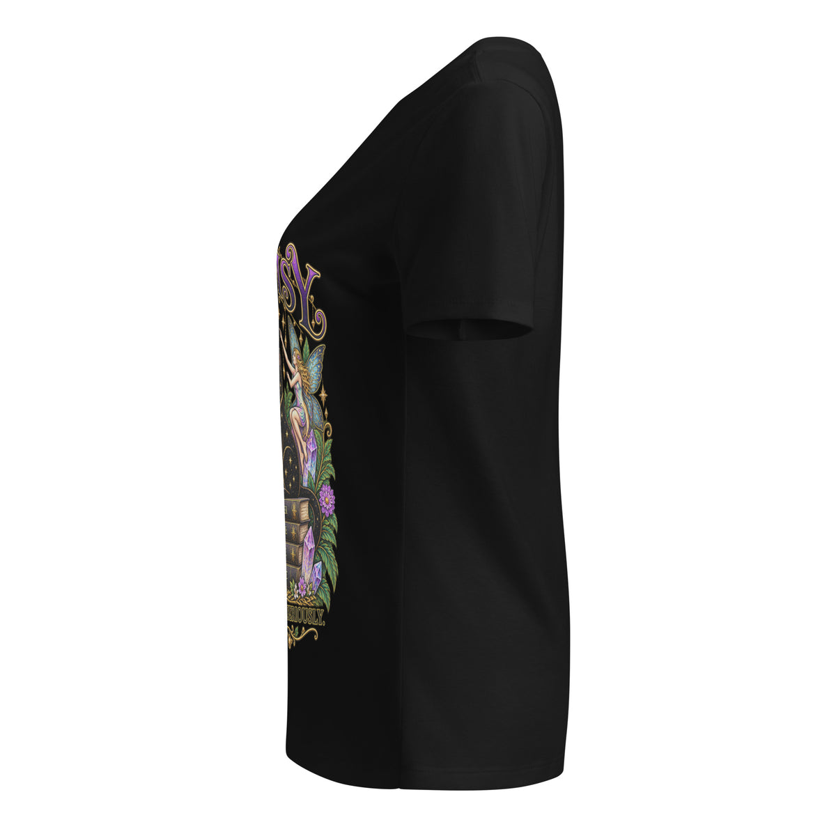 Whimsy, Take Your Magic Seriously design, on a solid black blend women's relaxed v-neck t-shirt, left side view
