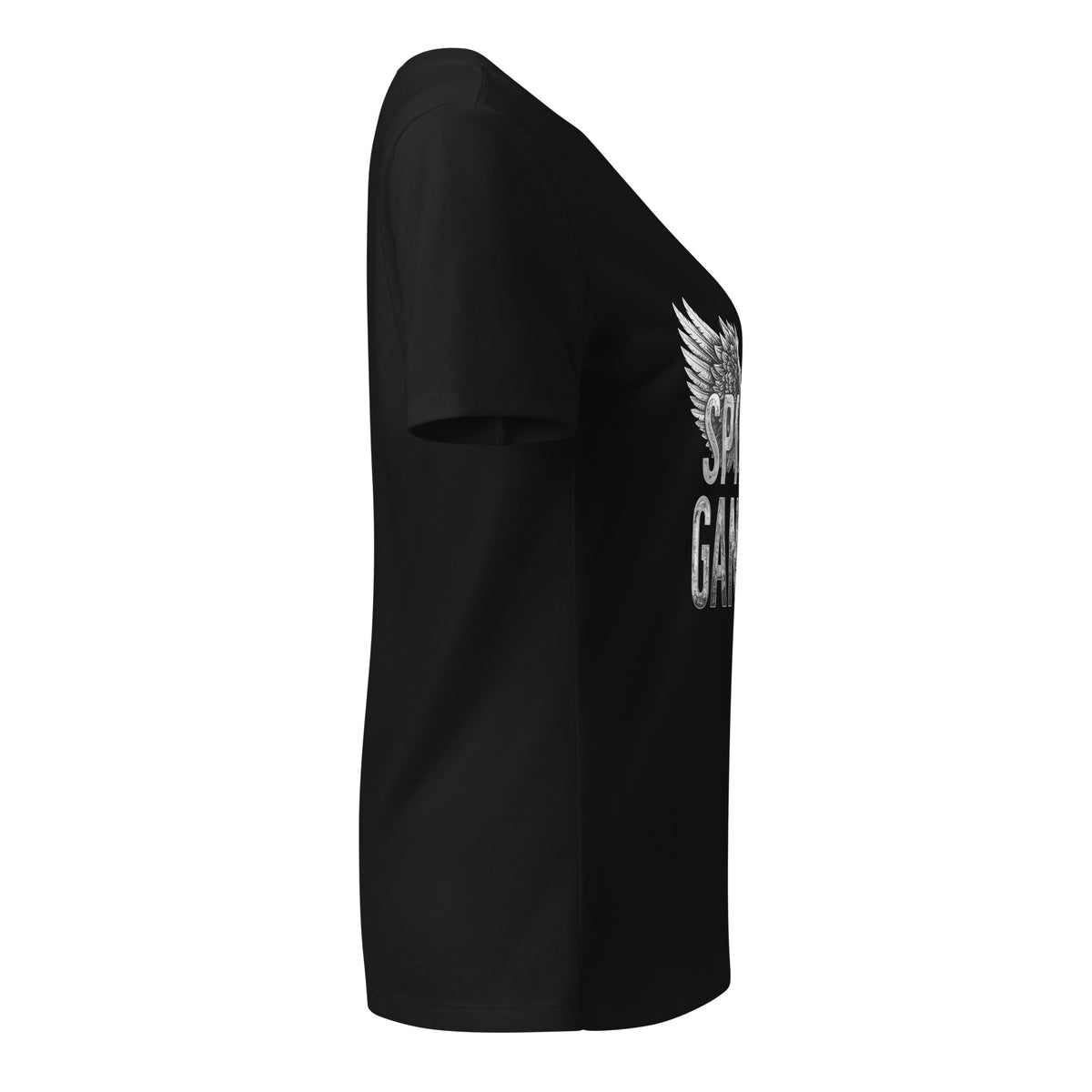 Spiritual Gangster design in white lettering, with angel wings and a halo, on a solid black blend women's relaxed v-neck t-shirt, right side view