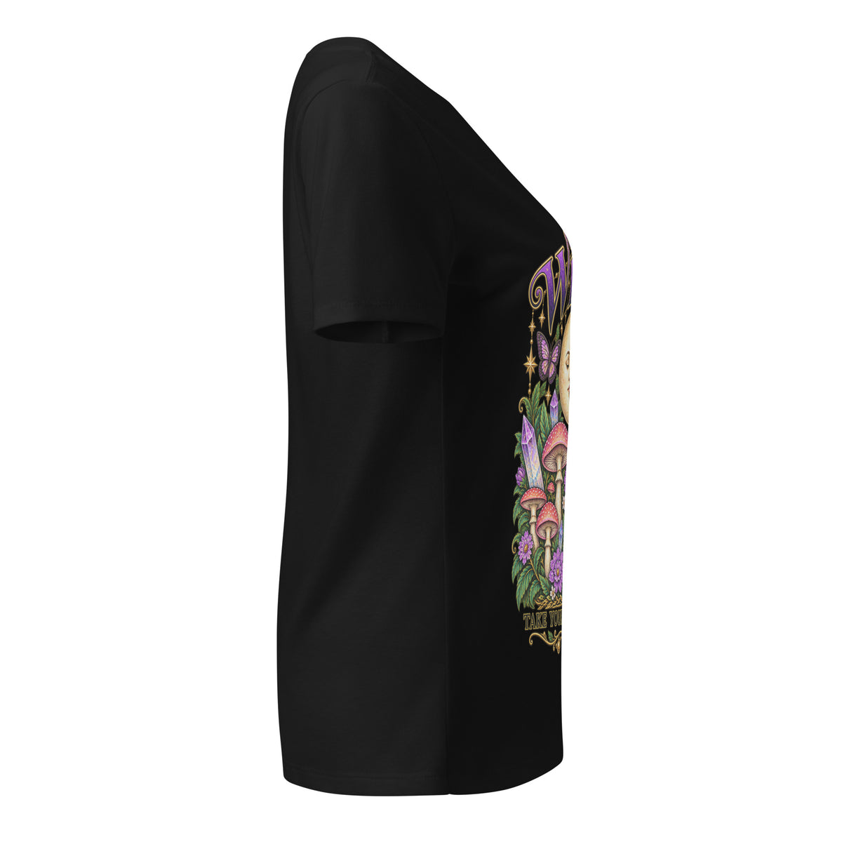 Whimsy, Take Your Magic Seriously design, on a solid black blend women's relaxed v-neck t-shirt, right side view