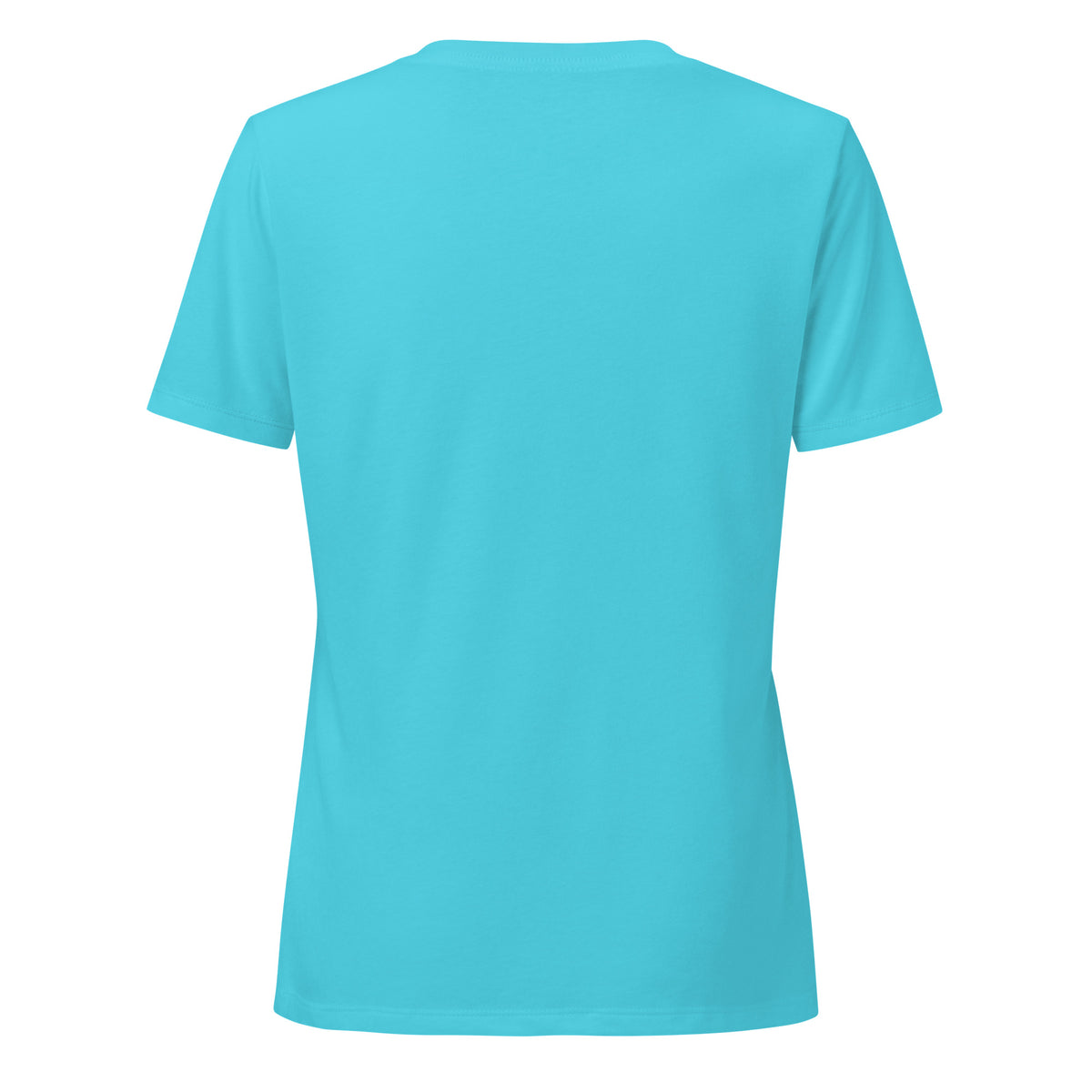 I See Signs design, the words set in white script inside a thin oval with a four-pointed star, on a turquoise women's relaxed v-neck t-shirt, back view