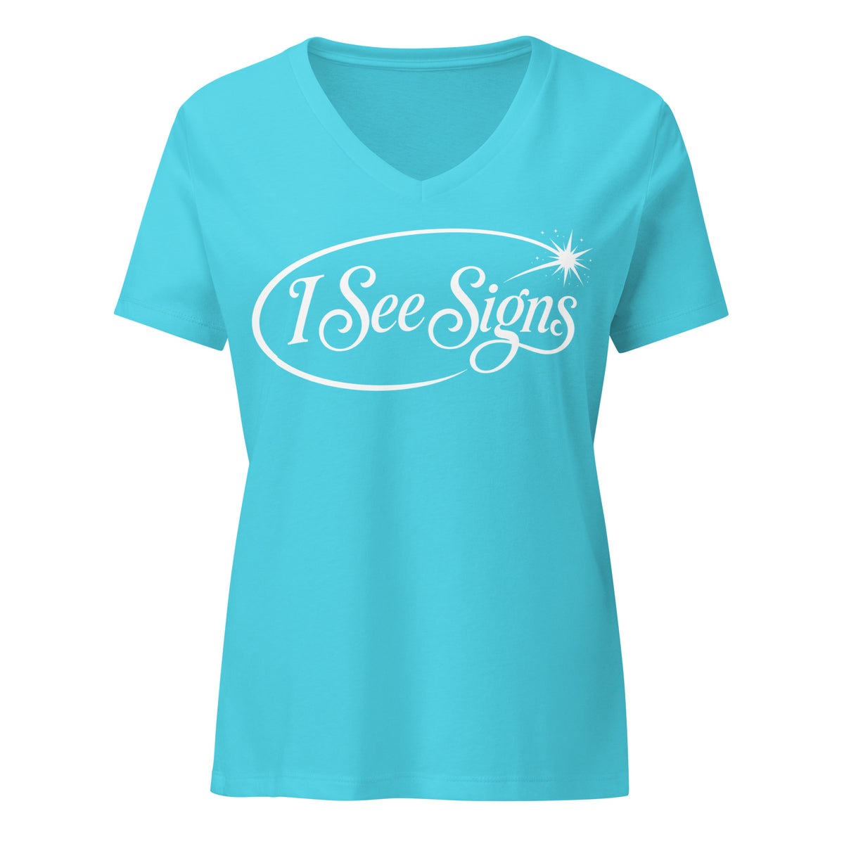 I See Signs design, the words set in white script inside a thin oval with a four-pointed star, on a turquoise women's relaxed v-neck t-shirt, front view