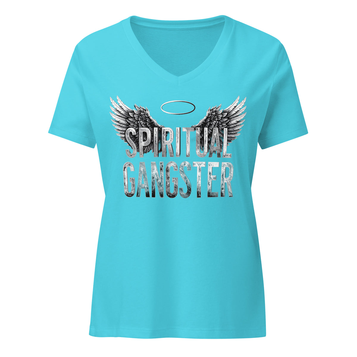 Spiritual Gangster design in white lettering, with angel wings and a halo, on a turquoise women's relaxed v-neck t-shirt, front view