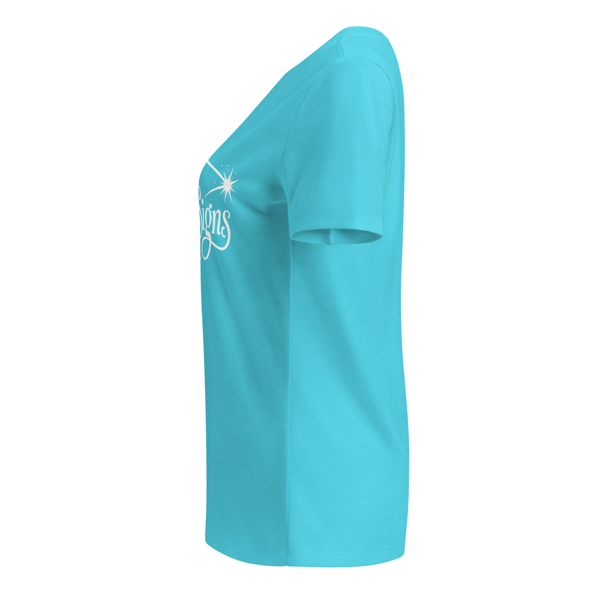 I See Signs design, the words set in white script inside a thin oval with a four-pointed star, on a turquoise women's relaxed v-neck t-shirt, left side view