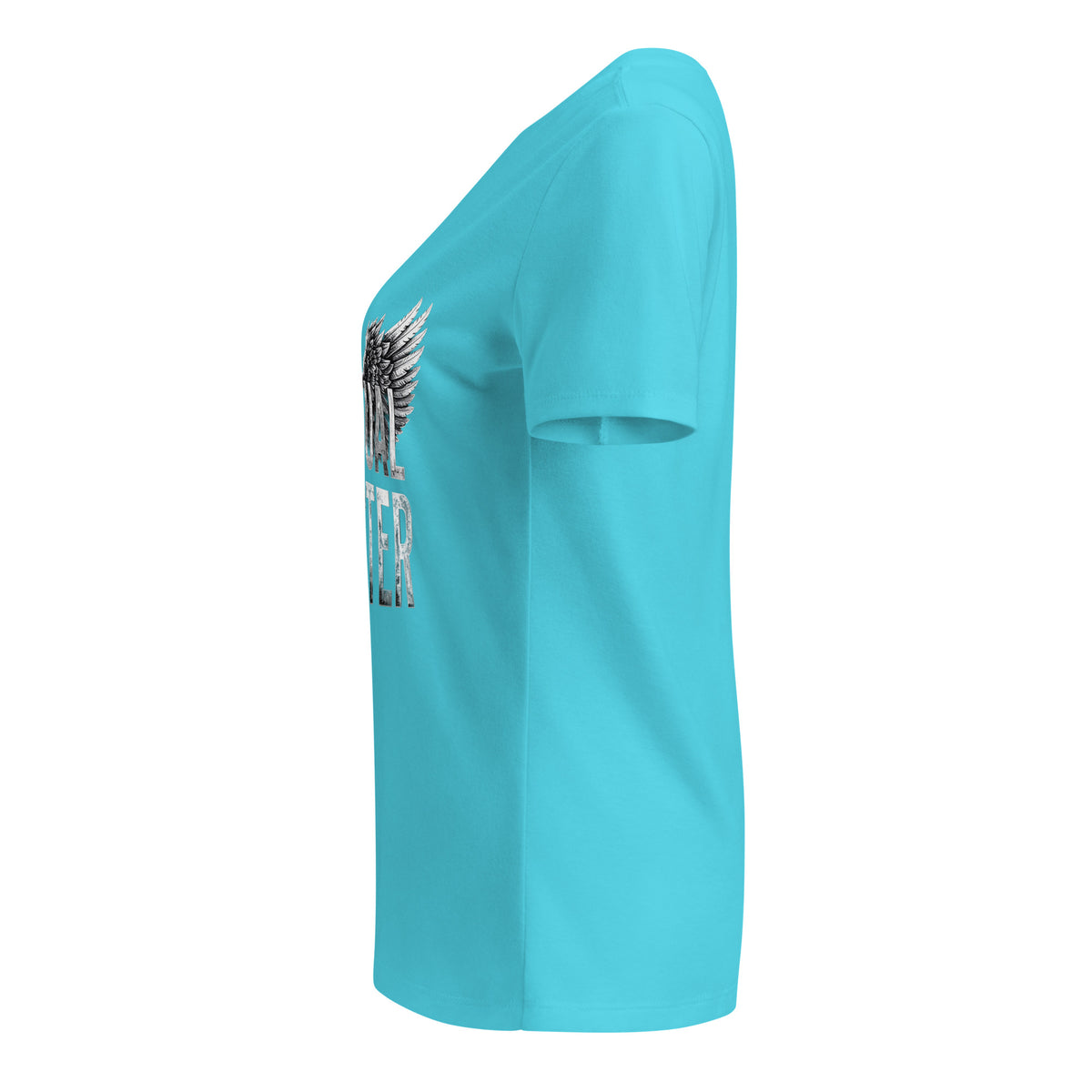 Spiritual Gangster design in white lettering, with angel wings and a halo, on a turquoise women's relaxed v-neck t-shirt, left side view