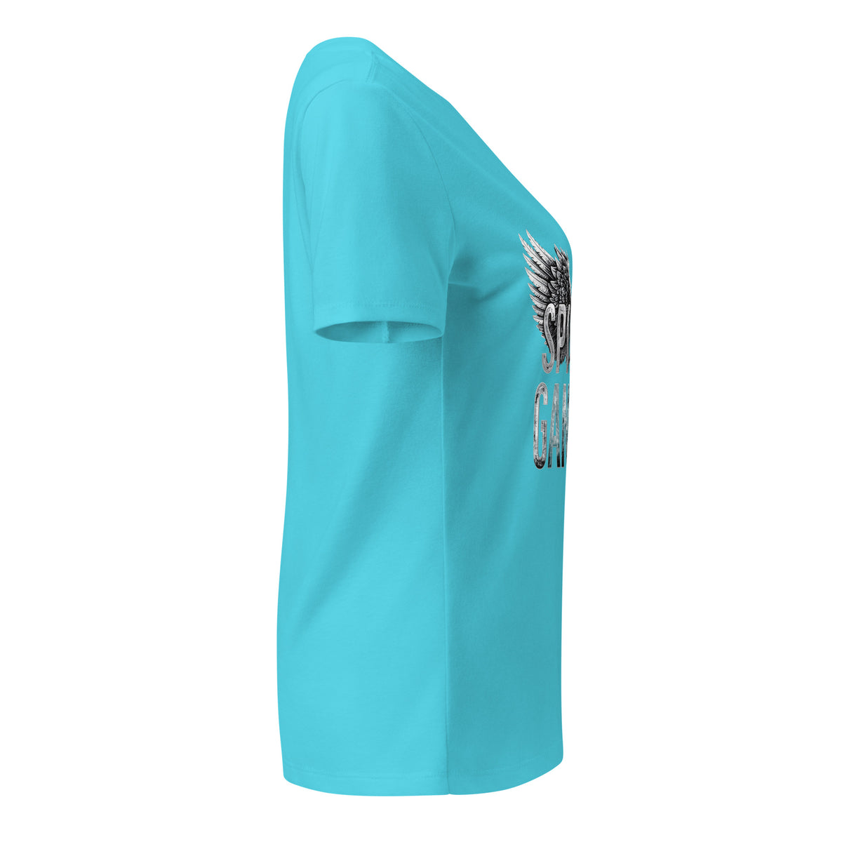 Spiritual Gangster design in white lettering, with angel wings and a halo, on a turquoise women's relaxed v-neck t-shirt, right side view